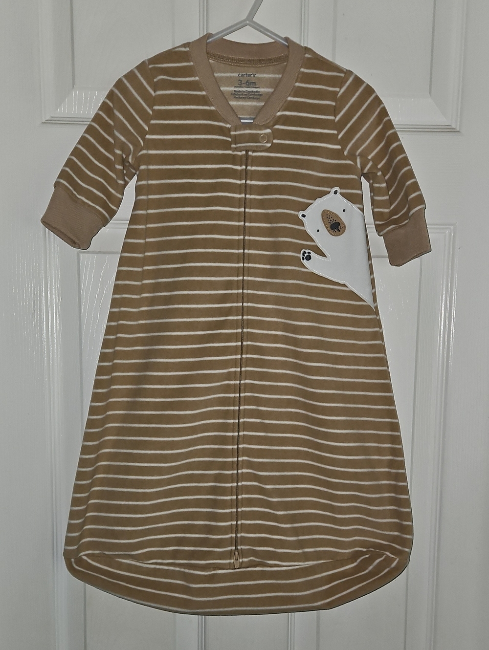 Carter's Tan and White Striped Sleep Sack with Bear Cub 3-6 Month Like New!!